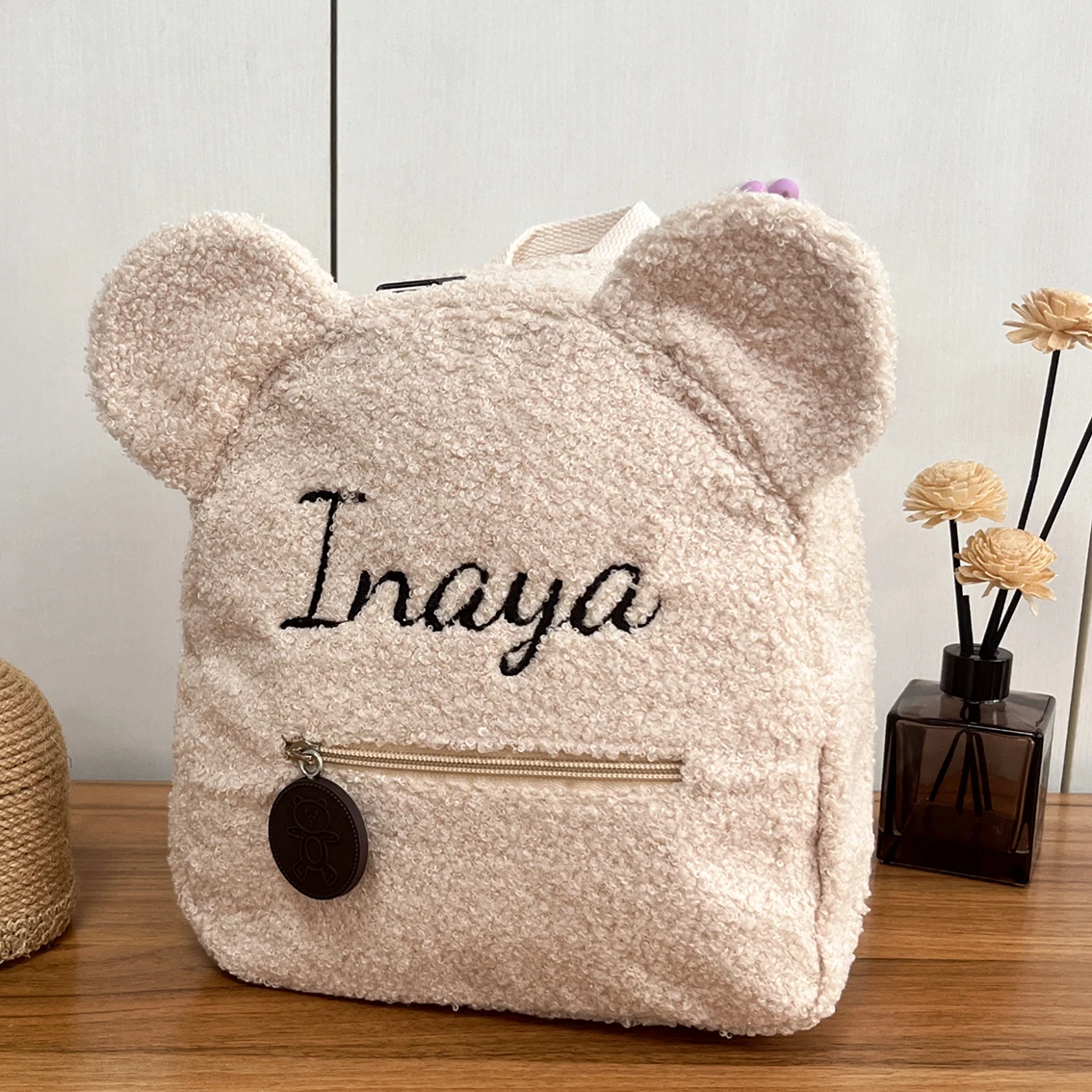Personalised Womens Girl Cute Bear Pattern Backpack Embroidered Plush Toddler Backpack Custom Name Small Casual Shoulder Daypack