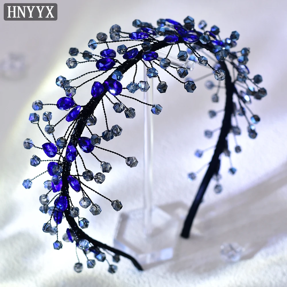 HNYYX diadema de cristal, accesorios para el cabello, aros para el cabello con diamantes de imitación brillantes azules, tocado festivo para boda, A85