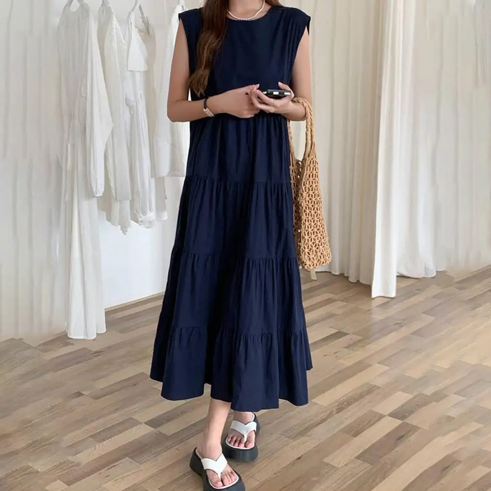 

Pullover Dress Elegant Pleated Patchwork Chiffon Midi Dress for Wear Dating O Neck A-line Summer Dress with Big Hem Design Solid