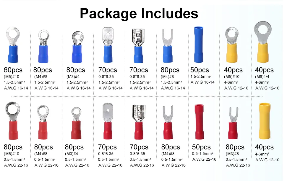 Description Picture 3 of itemCrimp Spade Terminal Assorted Electrical Wire Cable Connector Kit Crimp Spade Insulated Ring Fork Spade Butt Set