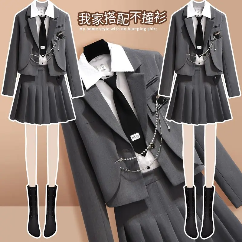 Set for Women in Spring and Autumn New Korean Version of JK Uniform Three Piece Set for College Style Pleated Skirt Women's Set