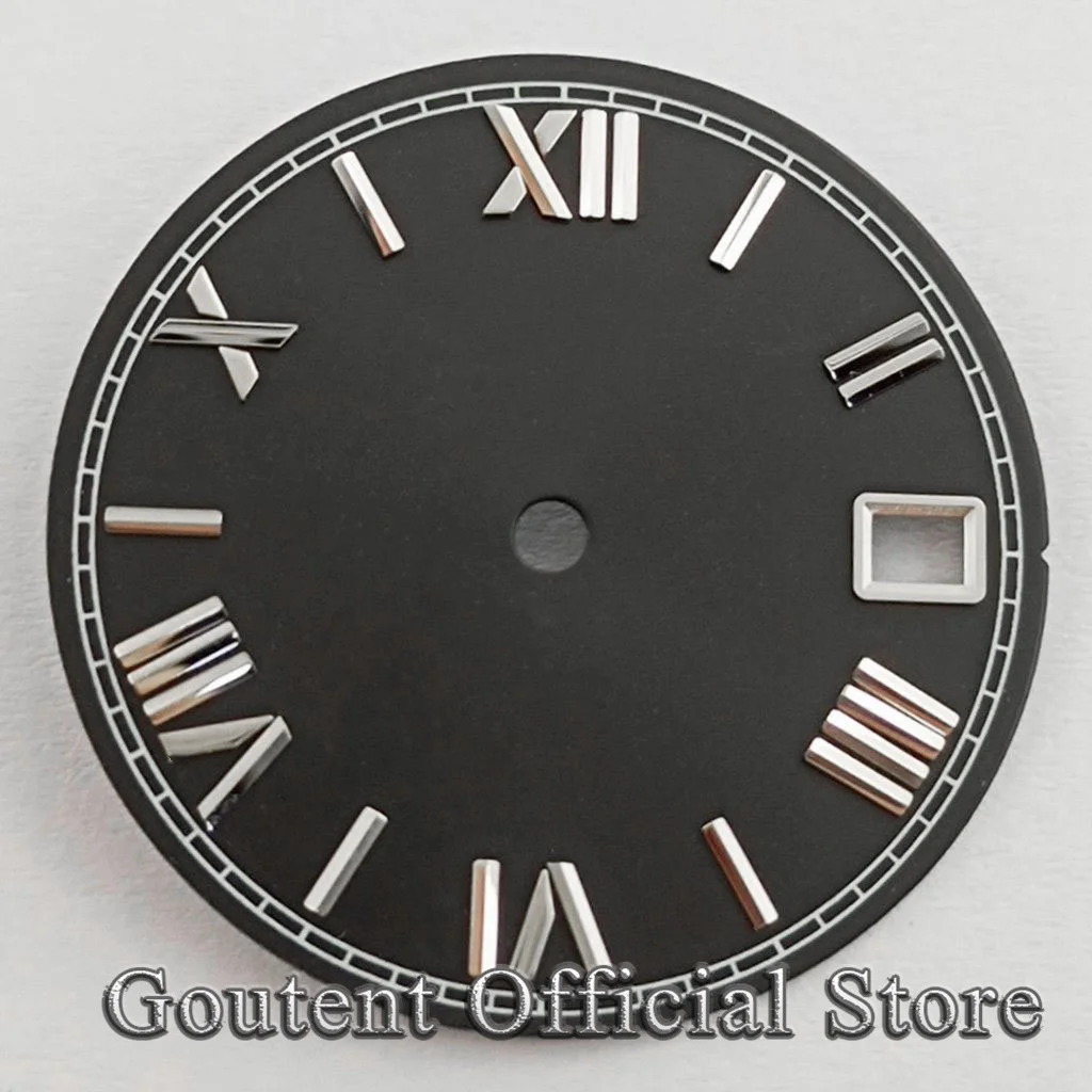 Watch Face Accessories Watch Dial Accessories Goutent 28.5mm Roman Numeral Black Blue Green Red Sterile Watch Dial Fit NH35 Movement Calendar Window