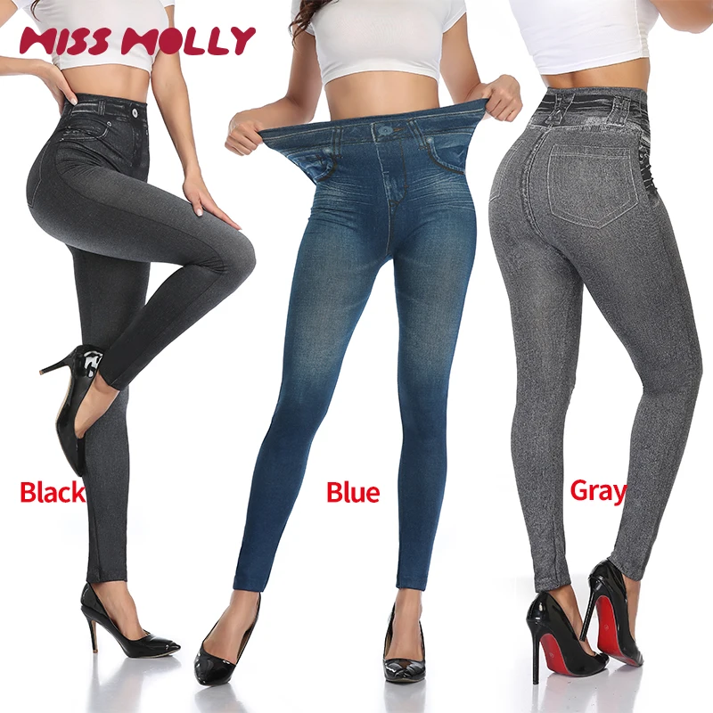 High Waist Faux Denim Print Leggings Women Sexy Skinny Pencil Pants Tummy Control Seam-free Shapewear Trousers No Pocket 1