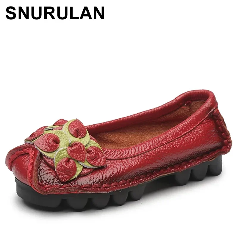 SNURULAN 여성용 수제 플랫 슈즈, 정품 가죽 슈즈, 얕은 꽃, 발레 플랫 슈즈, 여성 자파토스, 가을
