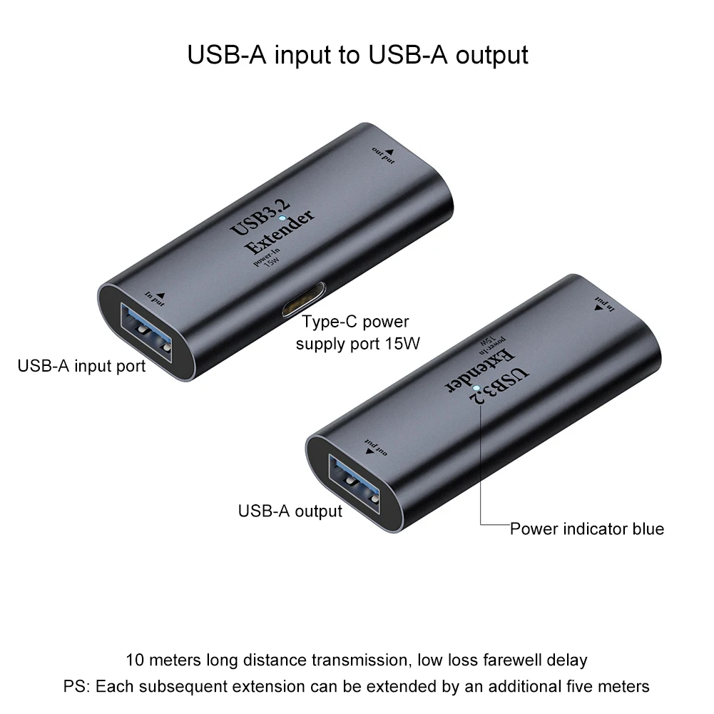 High-Speed USB 3.2 Signal Amplifier Extender, 10m Transmission, Type C to USB A