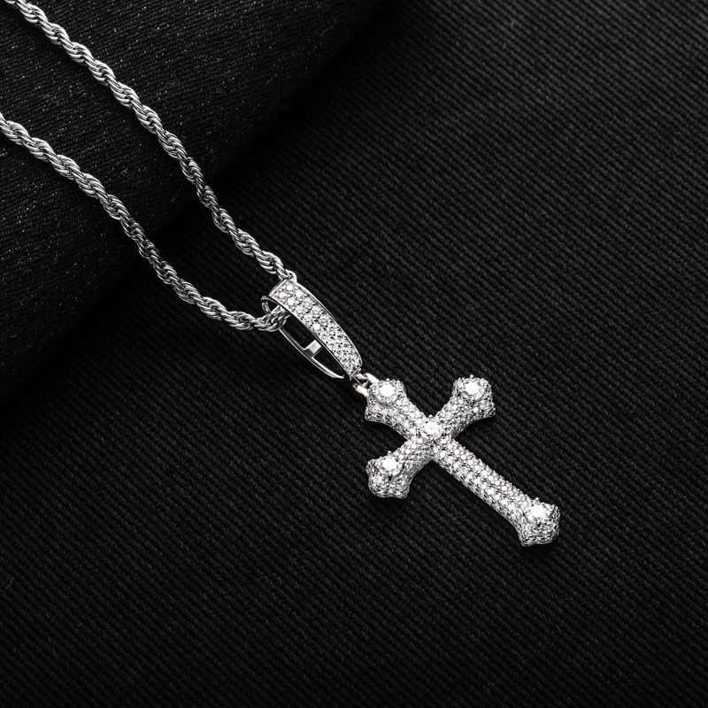 MossanRappr Moissanite Classic Cross Pendant Hip Hop Necklace 925 Sterling Silver Stylish Fine Jewelry Gifts for Men and Women