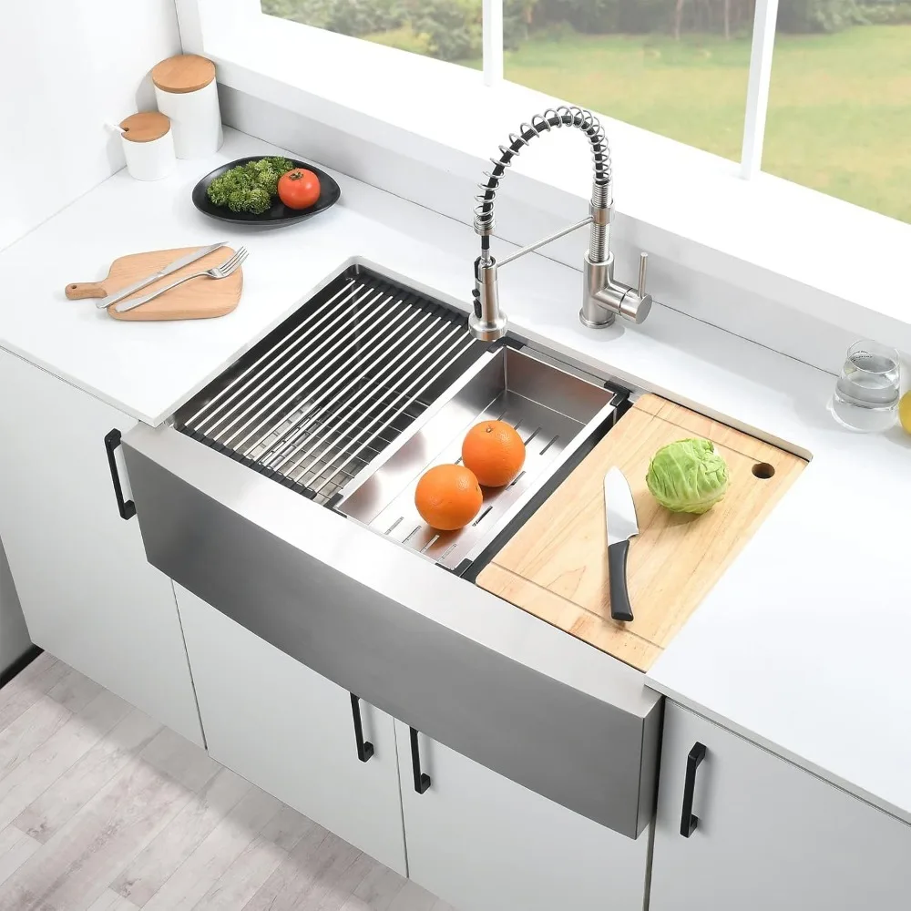 33 Inch Farmhouse Sink 16 Gauge Stainless Steel Workstation Ledge Deep Single Bowl Farm Sink with Accessories 2
