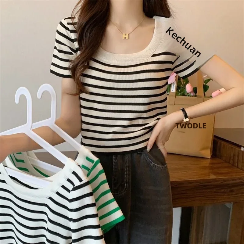 여성용 프렌치 스타일 칼라 티셔츠, 크롭 락본 탑, 블랙 화이트 스트라이프, 스퀘어 칼라 소매, 감각적인 니치, 여름