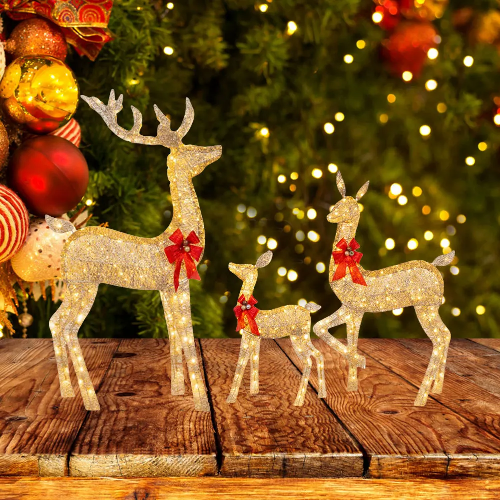 3 Pcs Christmas Deer Family Decor with Light Lighted Reindeer Xmas Decoration  Cute Xmas Deer Decoration for Holiday
