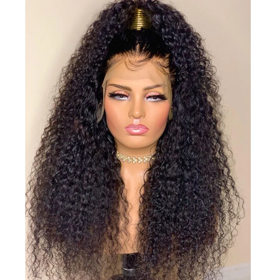 

Soft Preplucked 26 Inch Long Kinky Curly 180% Density Natural Black Lace Front Wig For African Women Babyhair Glueless Daily