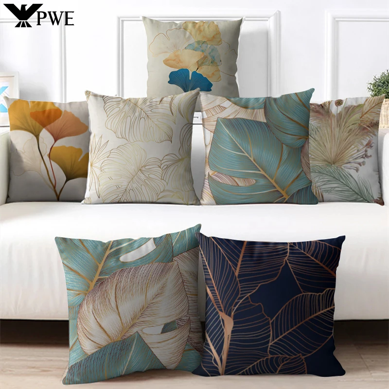 

45x45cm Ginkgo Print Cushion Cover Polyester Sofa Pillow Cover Home Decor Square Pillowcase Waist Pillow Case