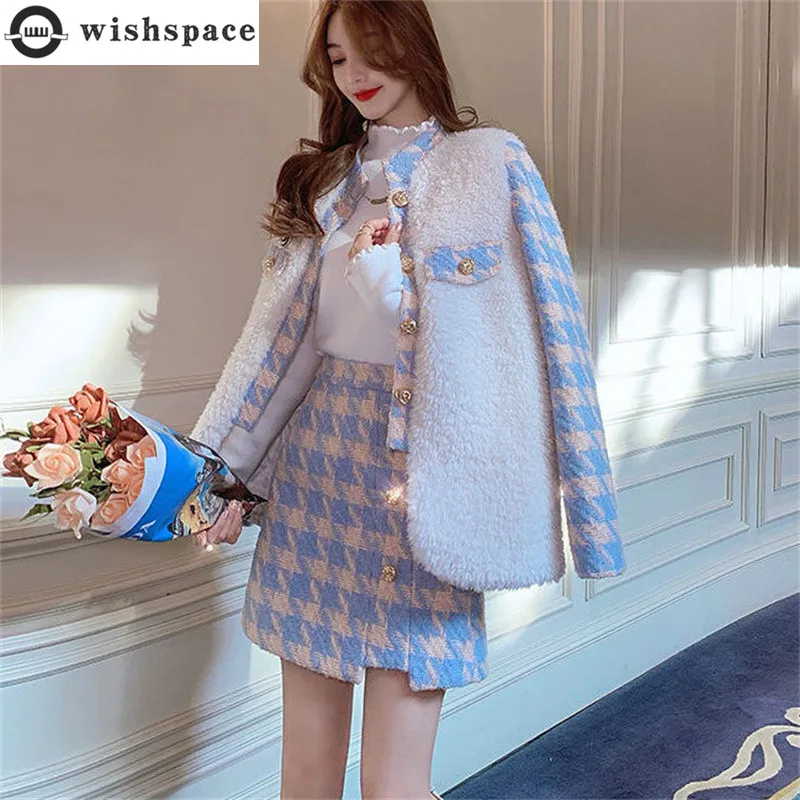 Korean Popular Winter New Thousand Bird Grid Thickened Lamb Fleece Jacket Mini Skirt Two Piece Elegant Women's Dress Set a thousand cuts