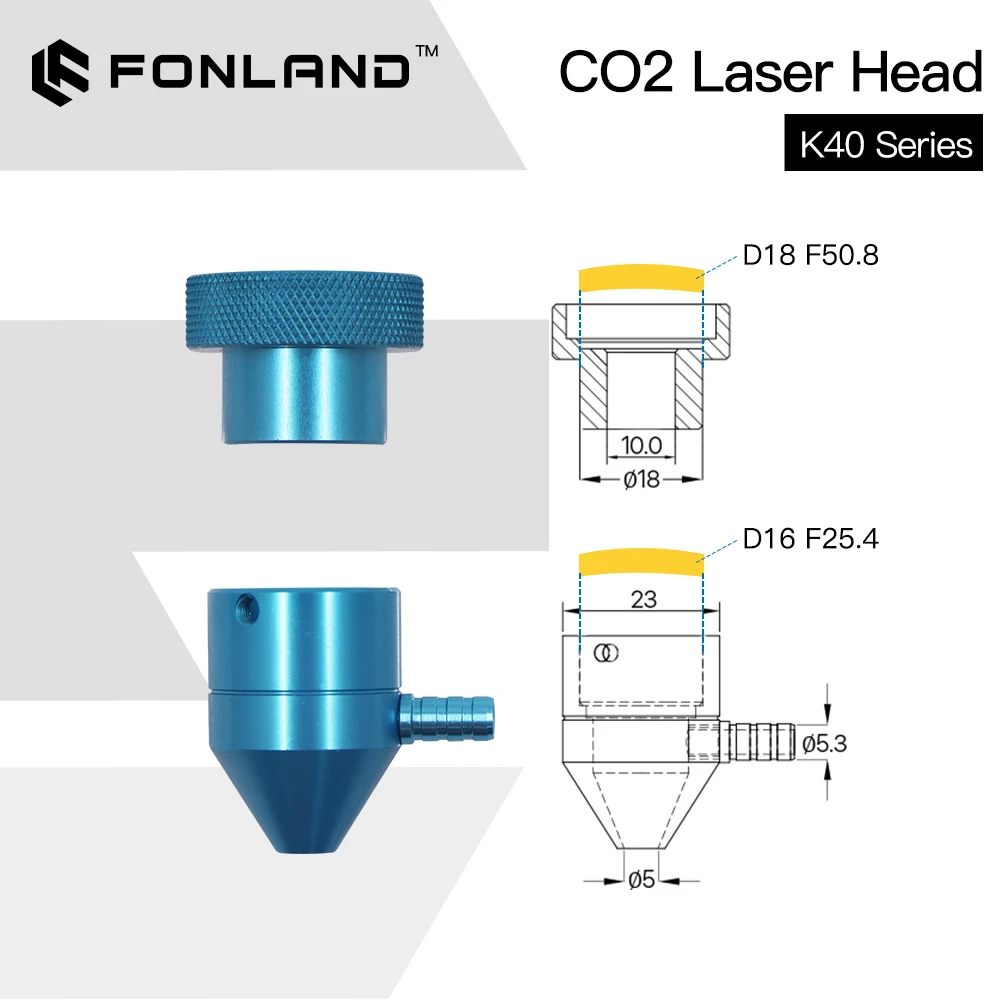 FONLAND CO2 레이저 헤드, K40 시리즈 레이저 조각 절단기, 렌즈 직경 12mm, 15mm, 18mm, 초점 길이 50.8mm 미러 20mm