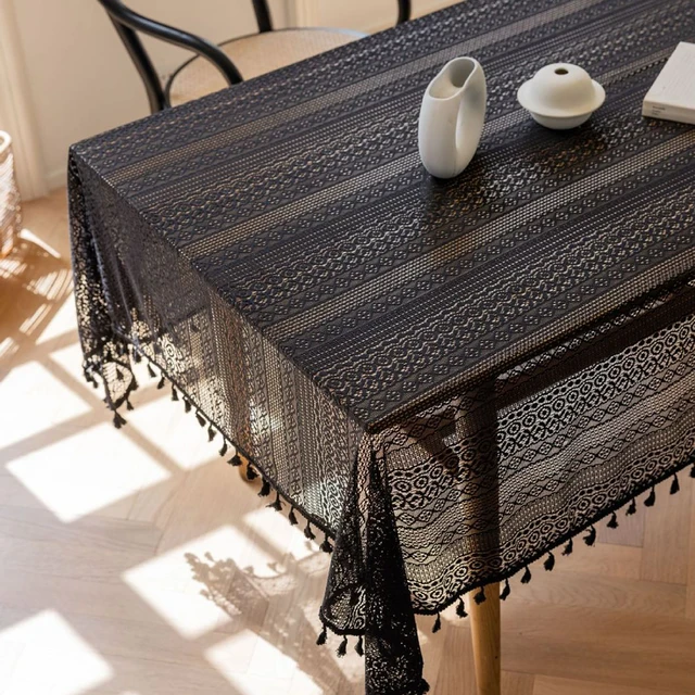 1PC Japanese Boho Style Tablecloth，Beige and Black Table Cover with Tassel，Geometric Pattern Design， for the Rectangle Desk 6