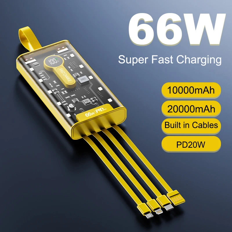 

66W Fast Charge Transparent Power Bank 20000mAh With Cable LED Light Portable External Battery Pack Powerbank For Mobile Phones