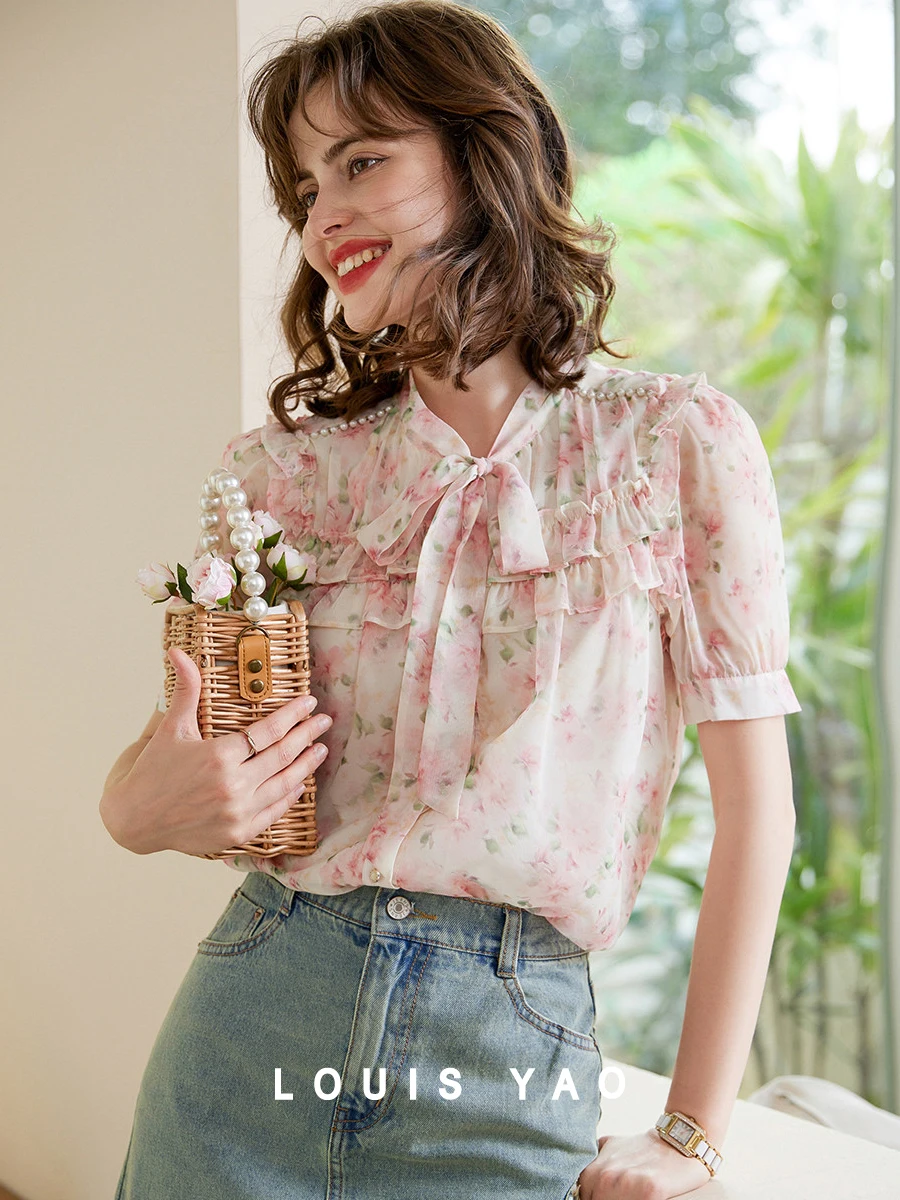 LOUIS YAO Women Shirt Print Flower Blouses 2024 Summer New Short Sleeve French Style Chic Bead Chain Women's Top