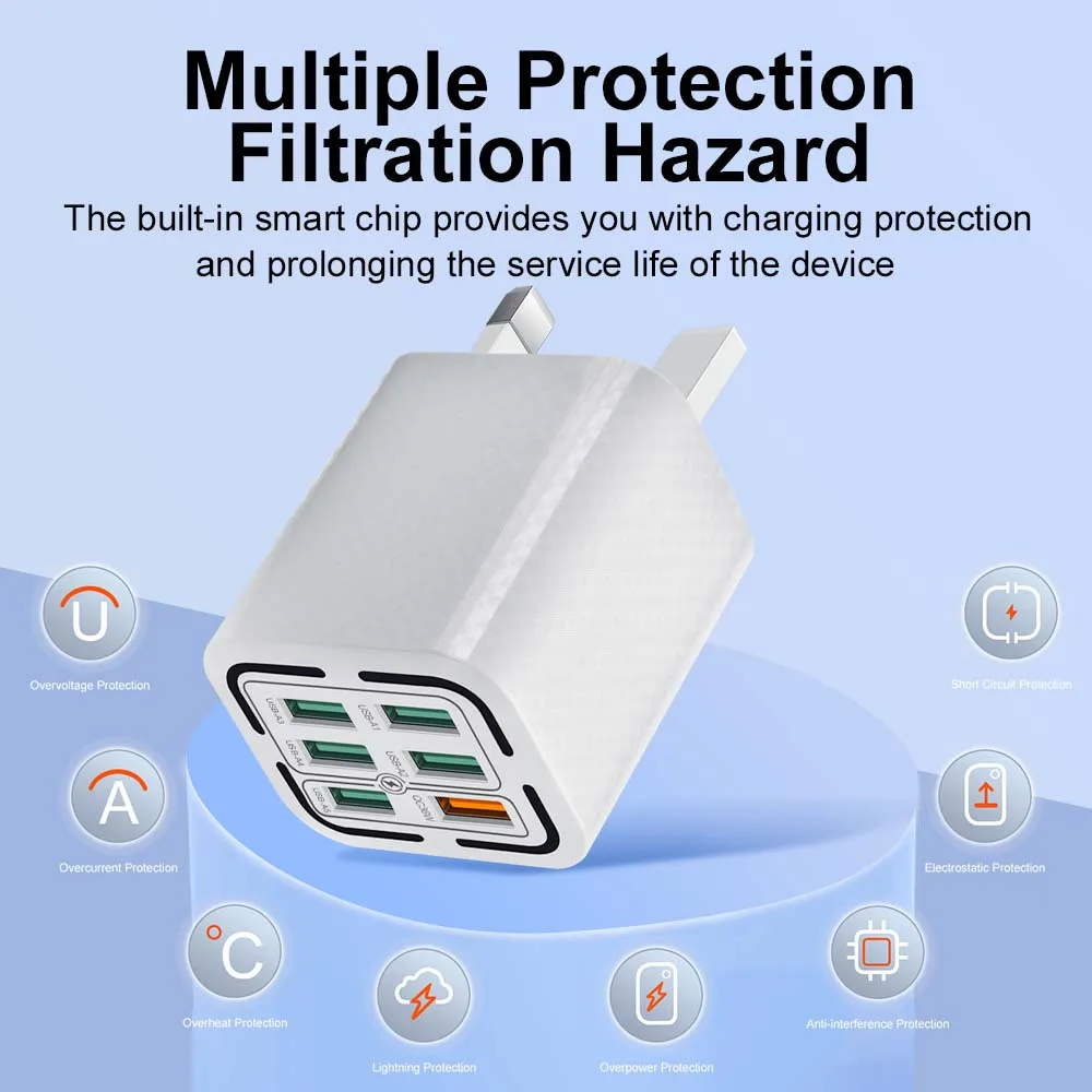 6 in 1 USB Charger QC3.0 Fast Charging Quick Charger For Samsung iPhone Xiaomi Mobile Phone Charge Adapter EU/US/UK/KR Plug