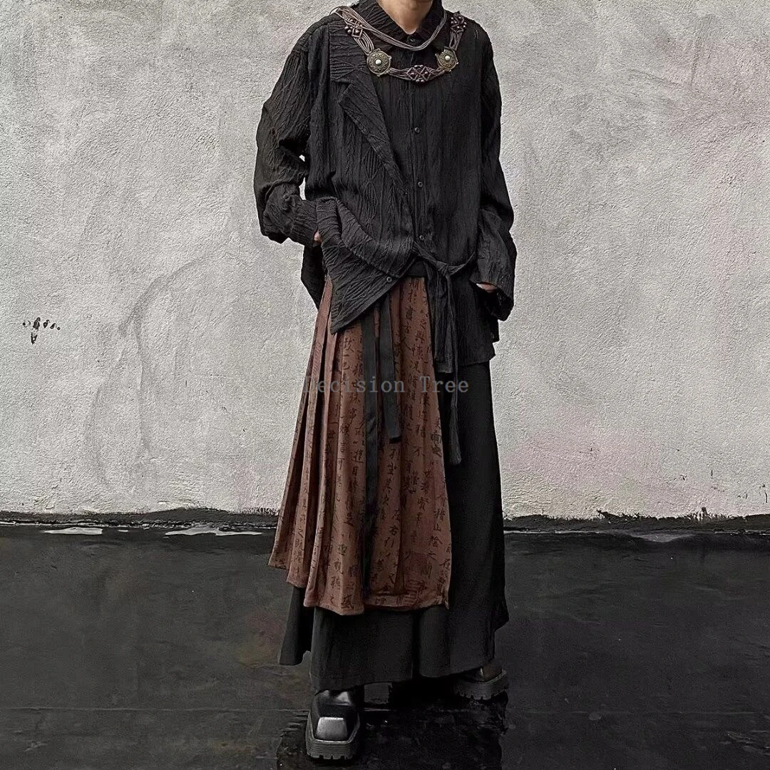 new chinese calligraphy pattern splicing design of two pieces of wide-leg culottes fashion design sense martial arts pants