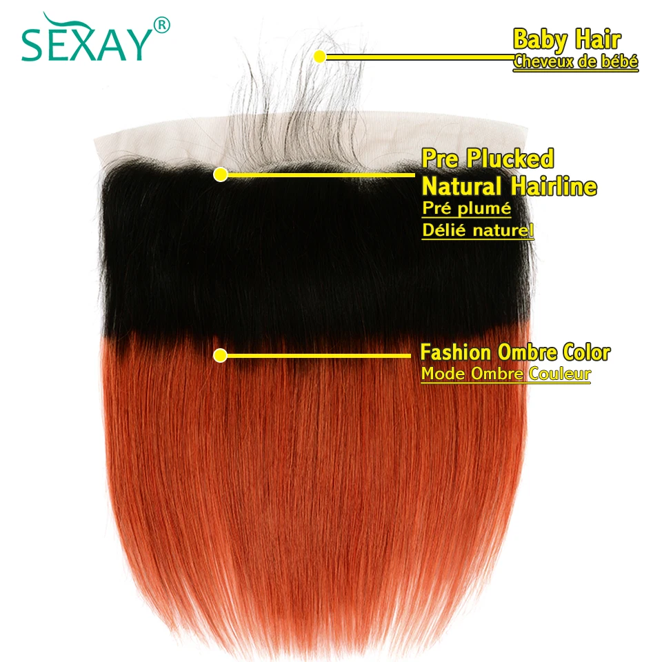 Sexay 1B Orange Bundles With Closure Baby Hair Brazilian Bone Straight Human Hair Weave 3 Bundles With Lace Frontals Pre Plucked