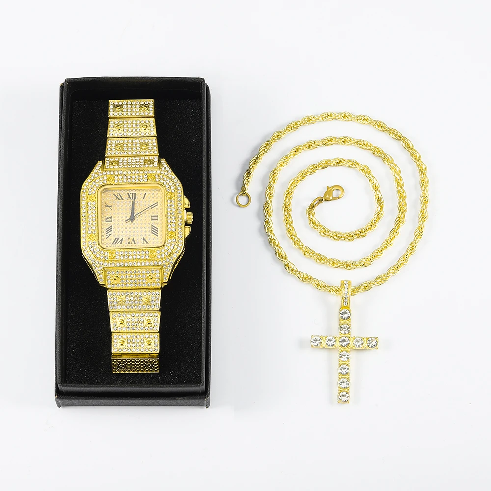 3pcs Stylish Jewelry Set Hip-hop Punk Inlay Diamond Square Quartz Watch With Cross Pendant Necklace For Men Women Party Gift Box 4