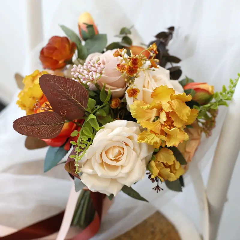 Whitney Wedding Collection 2022 Autumn Yellow Mix with Orange Roses Nature Flowers Bouquet de Mariage