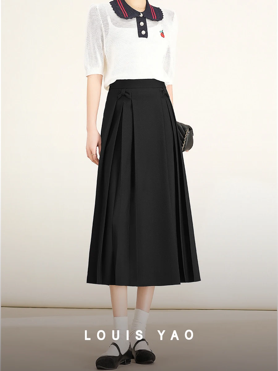 LOUIS YAO Women Skirt 2024 Spring New High Waist Casual Preppy Style A-LINE Vent Pleated Bow Skirt for Women