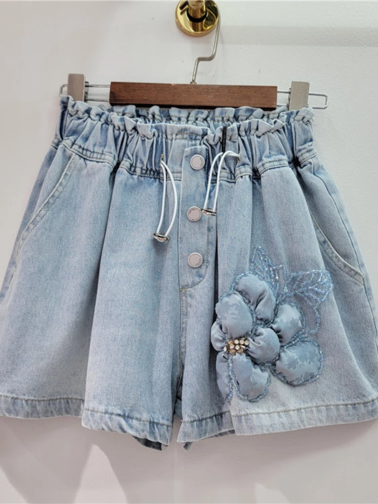 2024 Summer New Heavy Industry Beads Blue 3D Flower Denim Shorts Female Drawstring Elastic Waist Wide Leg Shorts for Women