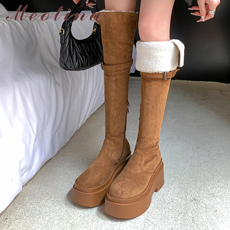 

Meotina Women Genuine Leather Over-the-Knee Long Boots Round Toe Thick High Heels Wool Zipper Buckle Gogo Boot Lady Shoes Winter