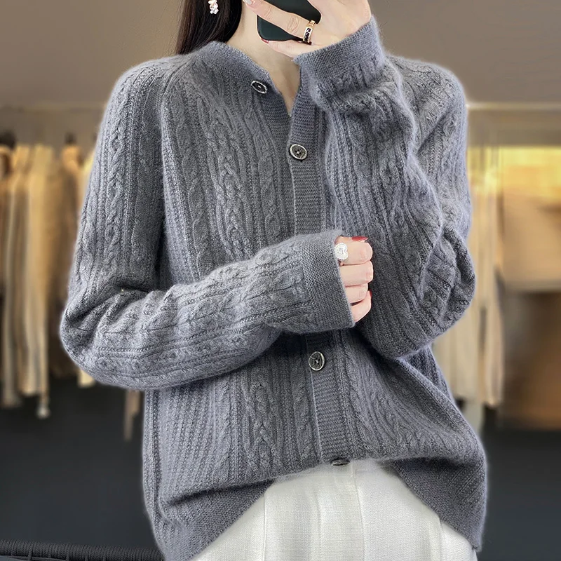 

Hot Sale Autumn Winter New 100% Wool Cardigan Sweater Women's Solid Fashion Thicken Coat Female Loose Large Size Knit Cardigans