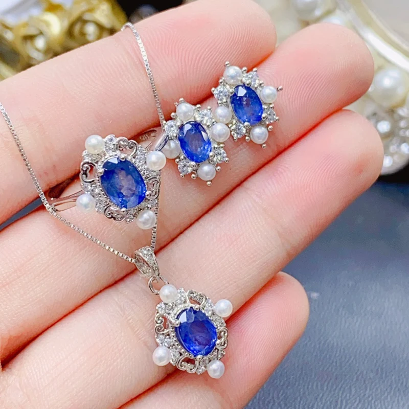 

Natural Sapphire jewelry sets for women rings earrings pendant silver 925 luxury gem stones 18k gold plated free shiping items