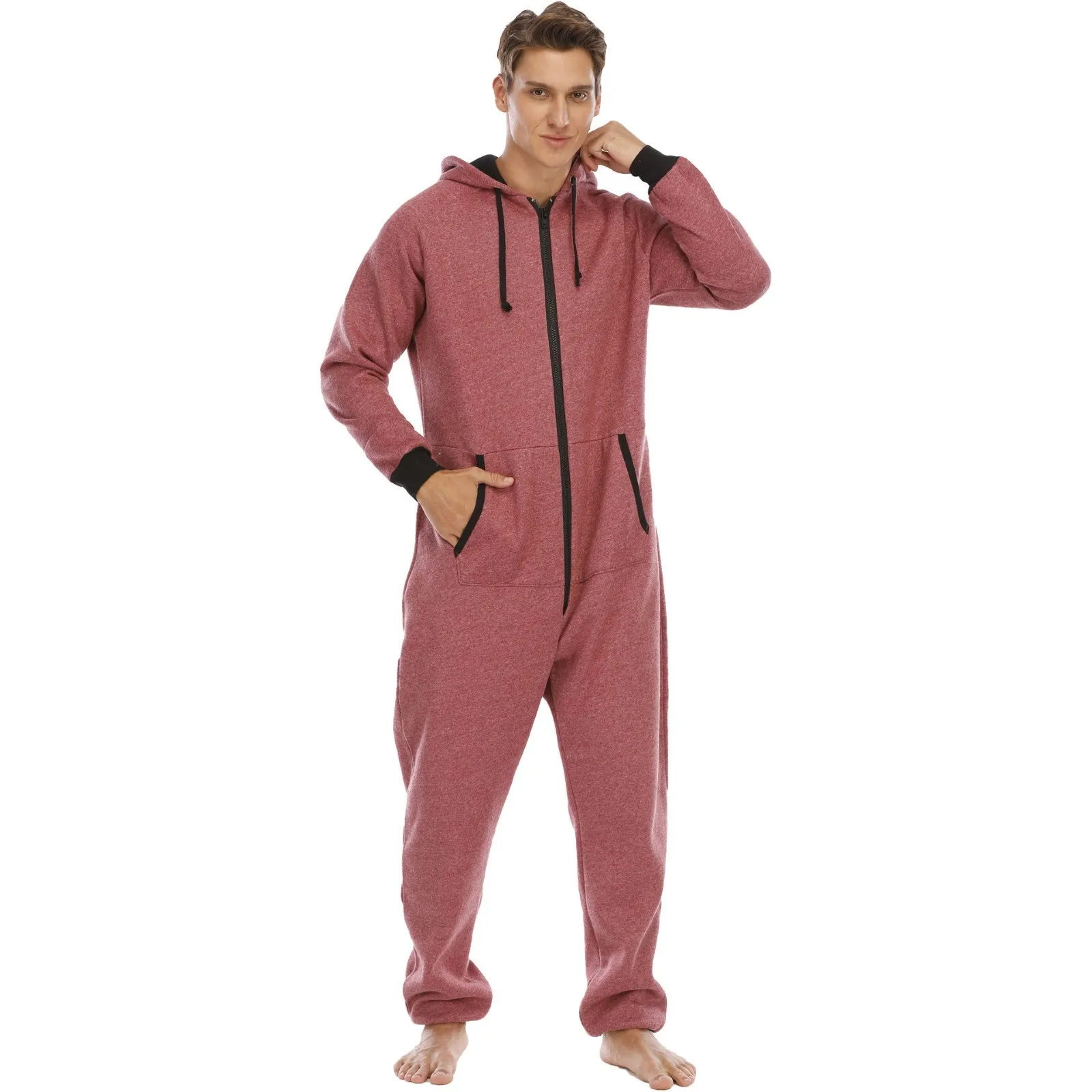 Men'S Solid Color Onesie Pijama Overseize Zipper V Neck Long Sleeve Hoodie Sleepwear Rompers Adult Warm Comfortable Homewear