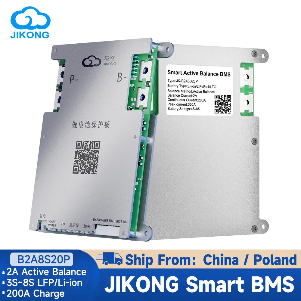 

Smart JIKONG BMS B2A8S20P with BT CAN RS485 8S 24v 200A Lifepo4 Li-ion LTO Battery 3S~8S 2A Active Balance JK BMS