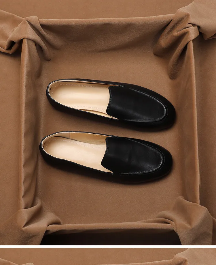SHOEBOX 한국어 버전 편안한 부드러운 가죽 로퍼, 영국 스타일 플랫 바닥 라운드 토 천연 가죽 싱글 슈즈
