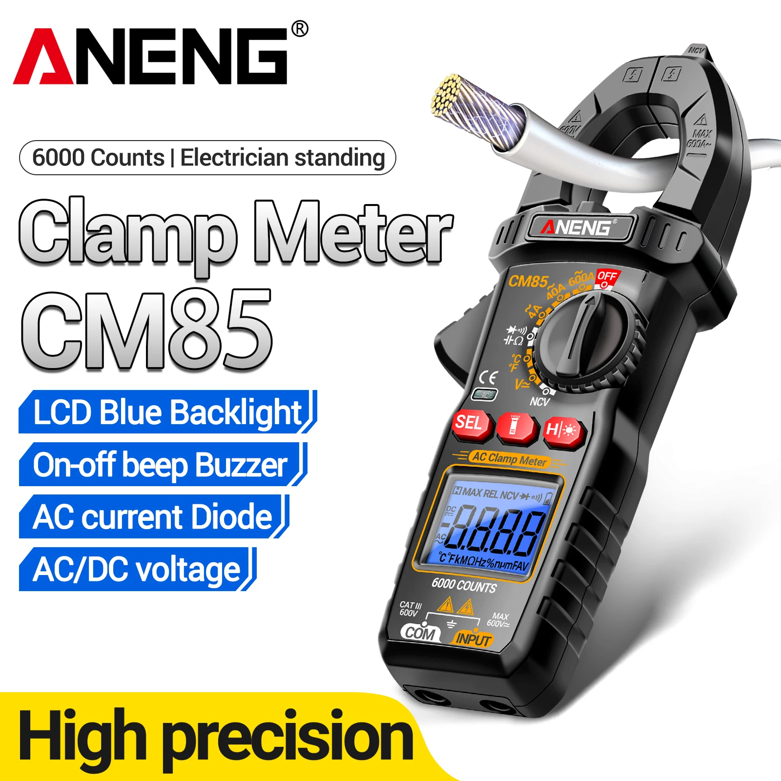 ANENG CM85 600A 전류 클램프 미터 비접촉 전력 측정 6000 카운트 고정밀 NCV 전기공 멀티미터 테스트 도구