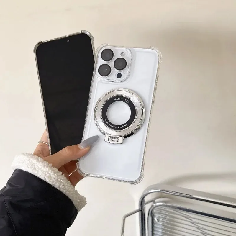 Fashion Plating Shockproof Magnetic Bracket Case with Stand Holder and Clear Cover