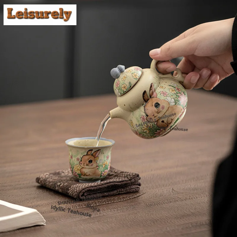 200ml Caramel Glaze Flower-picking Rabbit Gourd Teapot Aesthetic Tea Infuser Pot Tea Maker Kettle With Strainer Tea Services