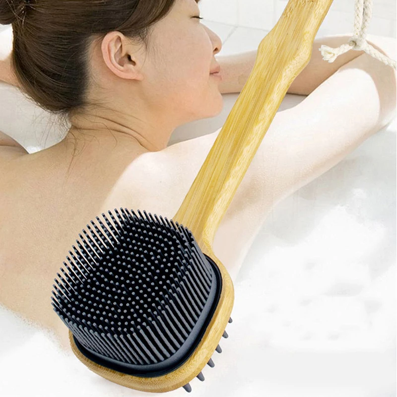 Wooden Long Handle Silicone Bath Brush Body Shower Scrubber Back Brushes Multifunction Massage Cleaning Scrubbers 2