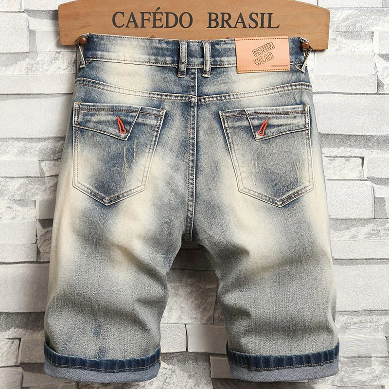 New Summer Men Retro Punk Denim Shorts Jeans Male Cotton Straight Fit Shorts Fashion Ripped Knee Length Jeans 42