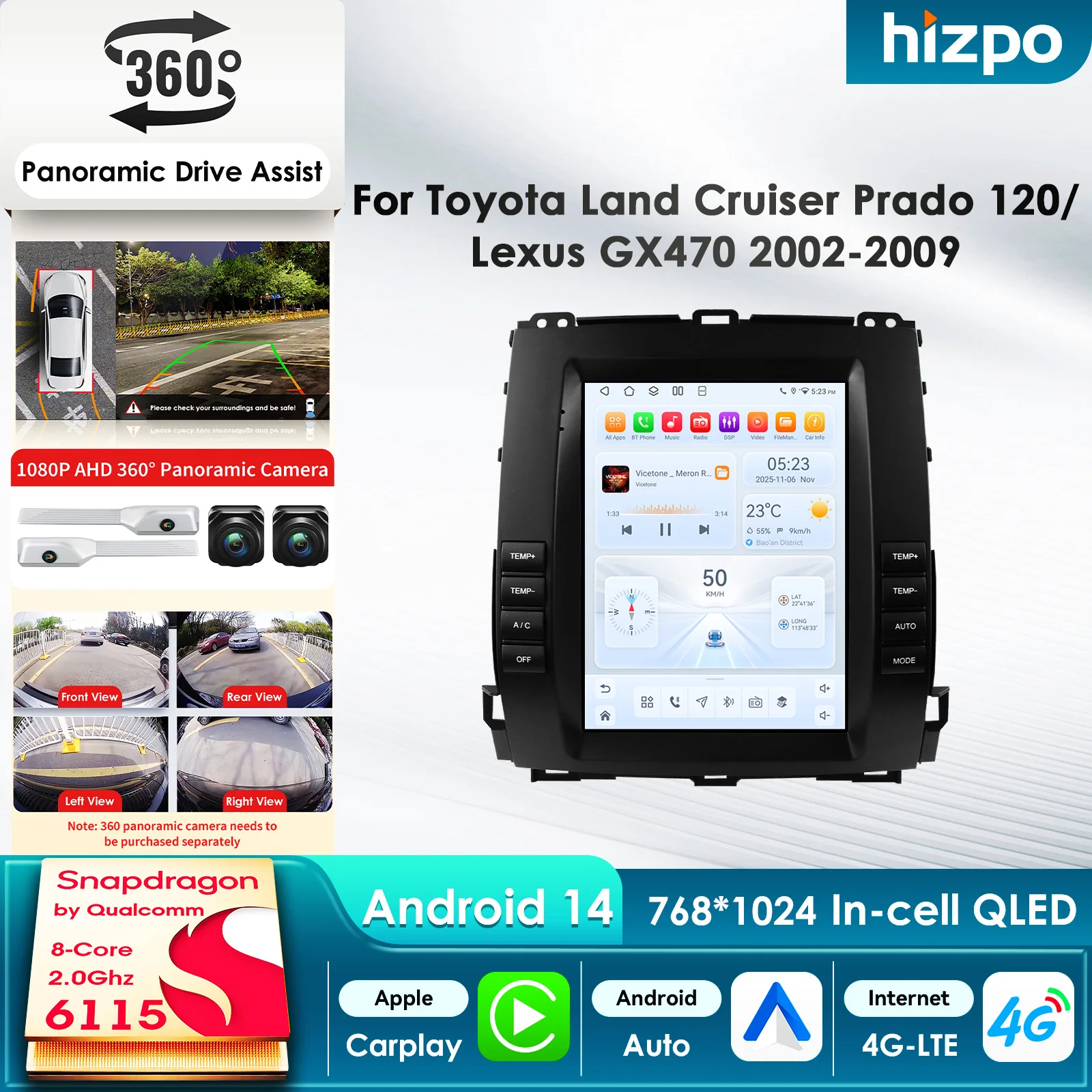 Radio para Auto Hizpo para Toyota Land Cruiser Prado 120 2002-2009 Lexus GX470, Reproductor Multimedia con CarPlay, Android Auto, Bluetooth, 4G, GPS y Cámara 360° 1
