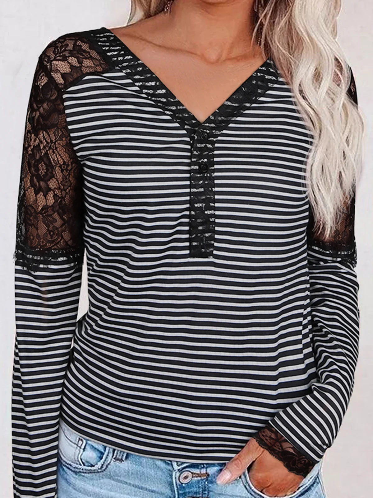 

Lace Splicing Striped Button V-Neck Blouse 2023 Vintage Fashion Print New Women's Long-Sleeved Lazy Style Vacation Streetwear