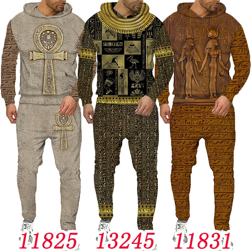 S-6XL Mărime mare 3D Jachetă pentru bărbați cu imprimeu egiptean Hanorac cu pantaloni Set Trening pentru bărbați Iarnă și toamnă Sport Umăr bărbătesc_voghion.com