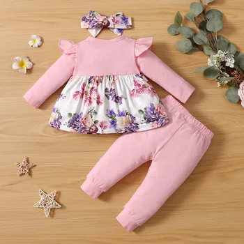 Infant Baby Girls' Clothing Long Sleeve Tops+Pants+Headwear Sets Flower Print Fashion Baby's Set Baby Clothes 3 6 12 24 Months 2