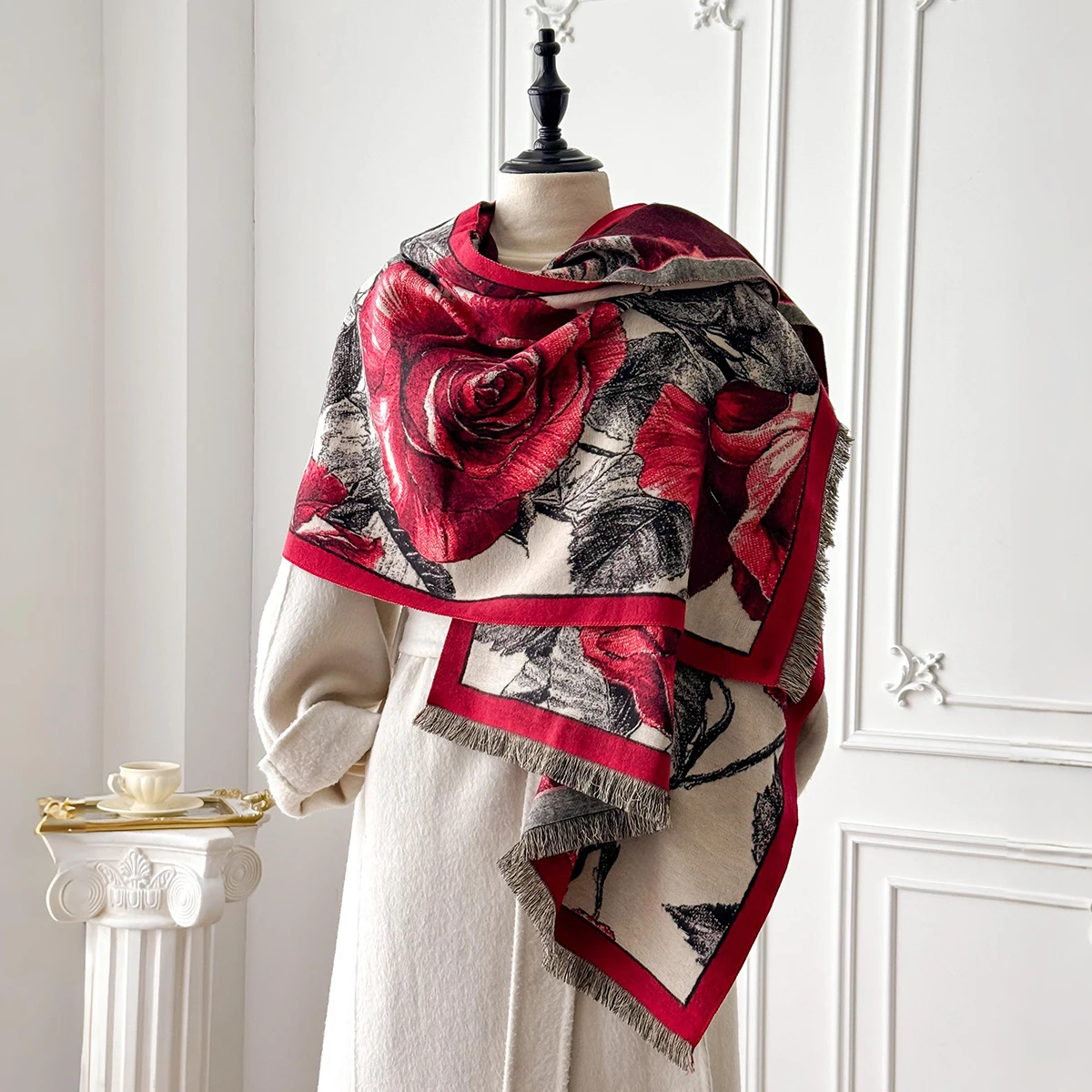 Women's Winter Rose Print Pashmina Shawl Cashmere Feel Large Warm Ideal for Outdoor with Tassels Blanket Poncho