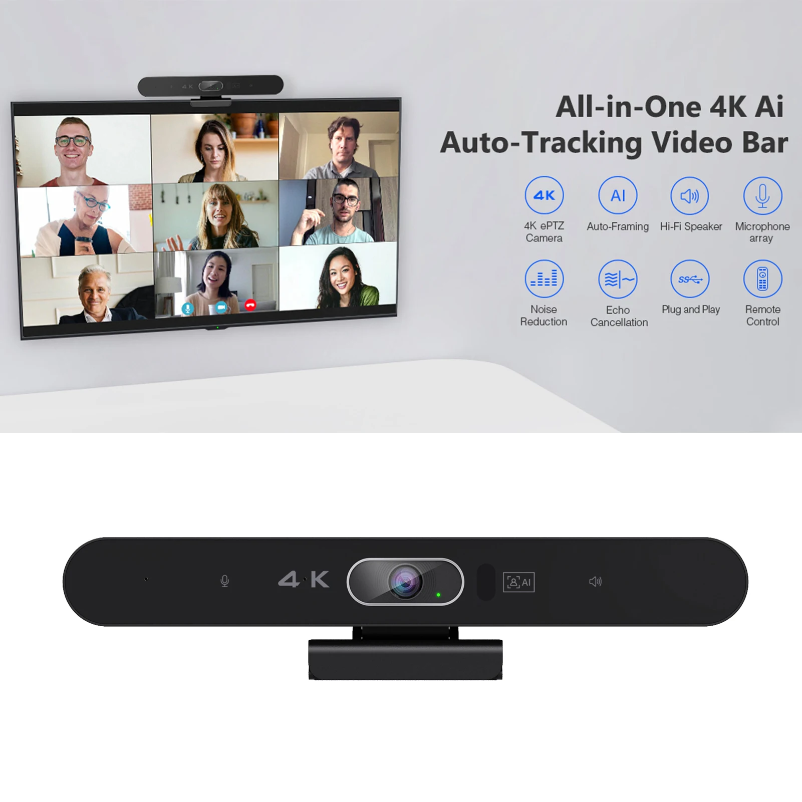 USB 웹캠 HD 화상 회의 카메라, 마이크 및 스피커 포함, AI 얼굴 추적, 자동 초점, 360 ° 음성 픽업 플러그, 4K 카메라