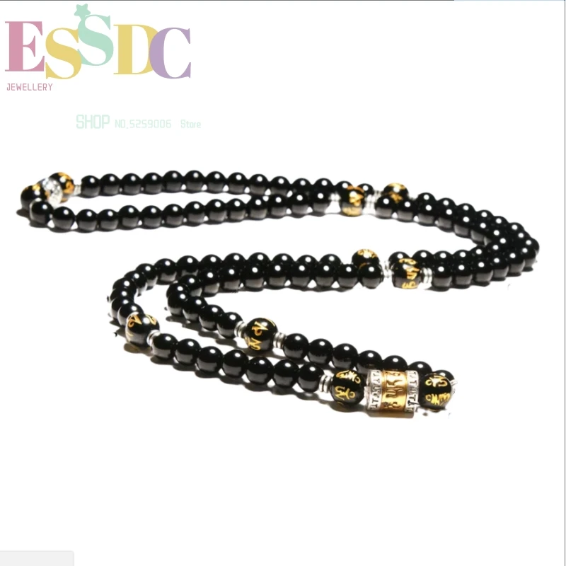 New Style 8mm Natural Black Obsidian Beads 108 Mala Buddhist Golden Barrel Charm Men and Women Prayer Strand Bracelet Wholesale