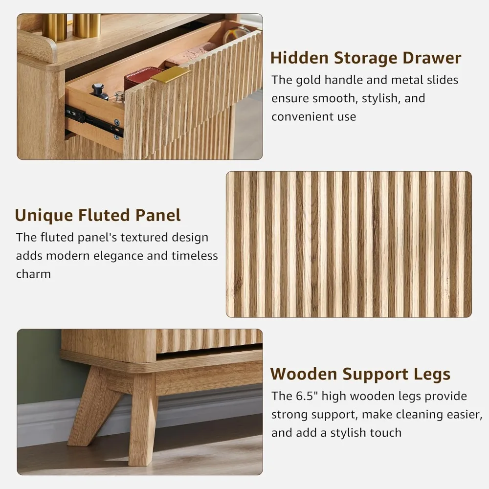 48" Tall Narrow Shoe Cabinet with Flip Drawers, Curved Fluted Design, Wooden Shoe Organizer for Entryway - Natural Oak