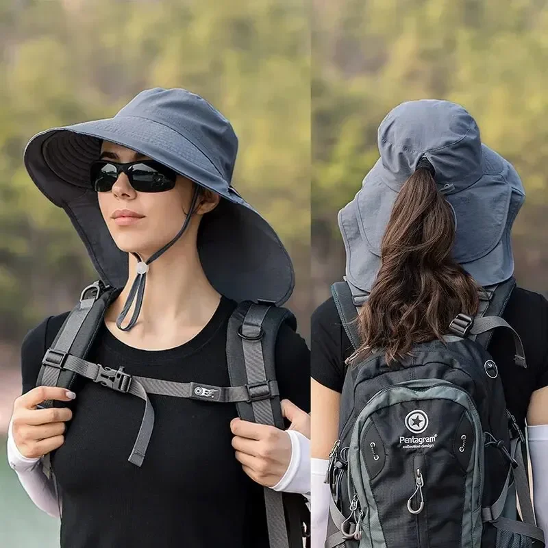 Sun hat Summer Hats for Women Outdoor UV Anti Neck Protection Sun Visors for Lady Fishing Hiking Wide Brim Shawl Sunscreen Ponytail Cap