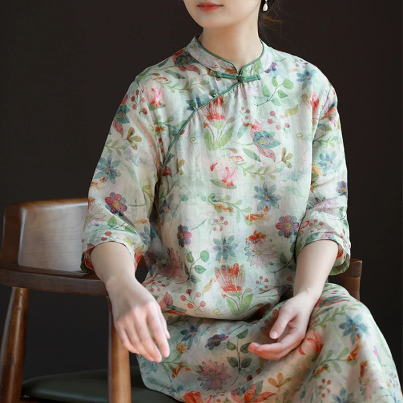 New Chinese Style Lady Cheongsam Qipao Summer Ethnic Elegant Floral Ramie Long Dress Standing Collar Retro Improved Qipao