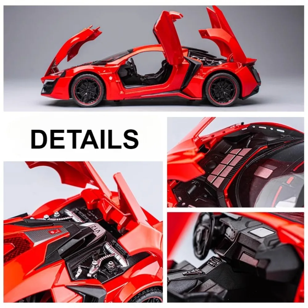 스케일 1:24 Lykan 자동차 모델 장난감 다이캐스트 합금 도어 열림 사운드 라이트 풀백 고무 타이어 Supercar 미니어처 모델 어린이 선물