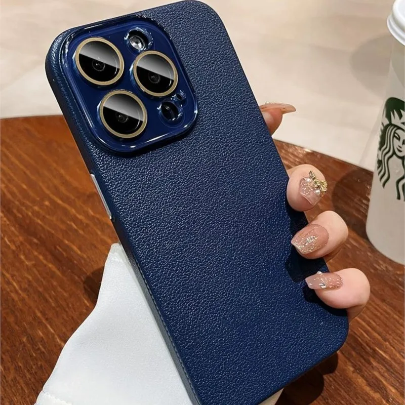 Elegant Leather Texture Silicone Case with Glass Camera Lens Protection - Shockproof Cover